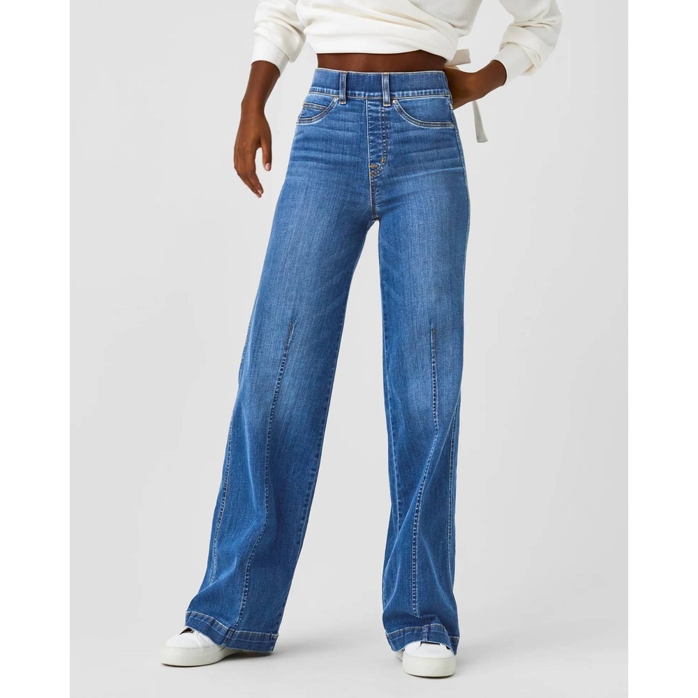 Spanx Front Seam Wide Leg Jean Medium Wash Blue High Rise Pull On Size Medium M